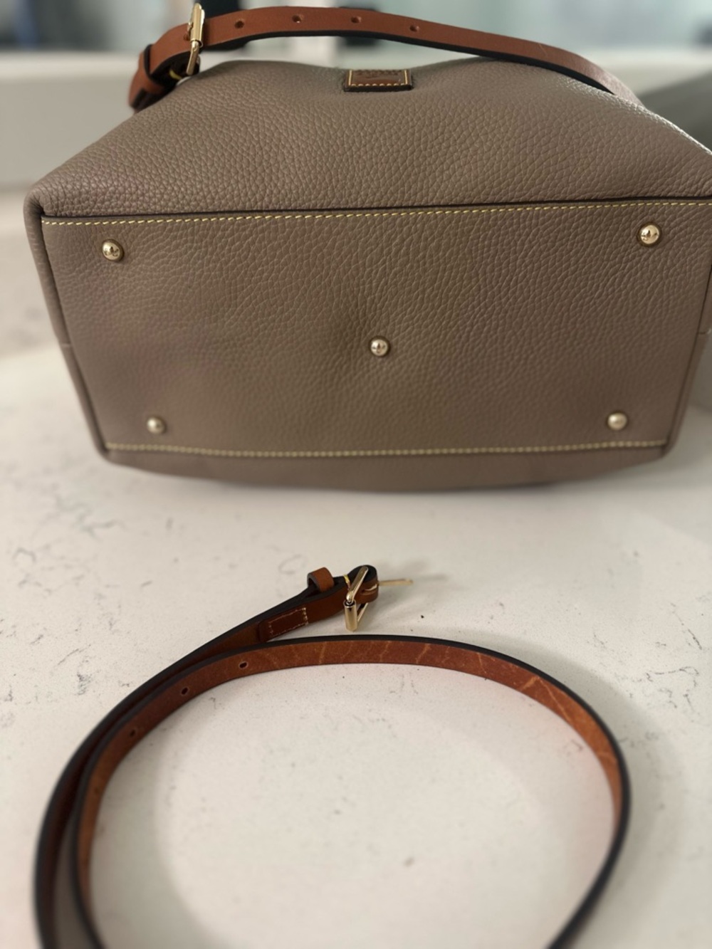 Dooney & Bourke Taupe Pebbled Leather Satchel with Chestnut Trim - Picture 2 of 5